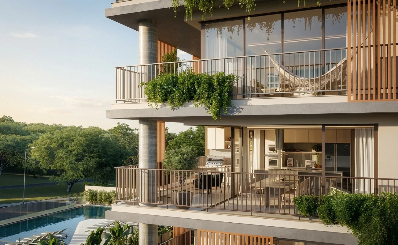 Varandas do Arboreto com jardineiras, rede e cozinha integrada, voltadas para o parque e a piscina