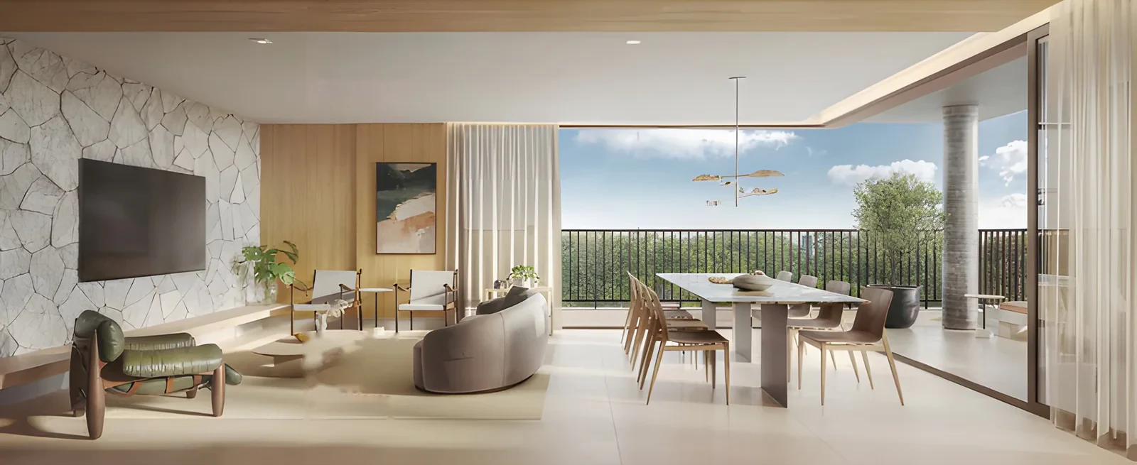 Living do apartamento com parede em pedra, estar integrado e mesa de jantar aberta para a varanda com vista para o parque
