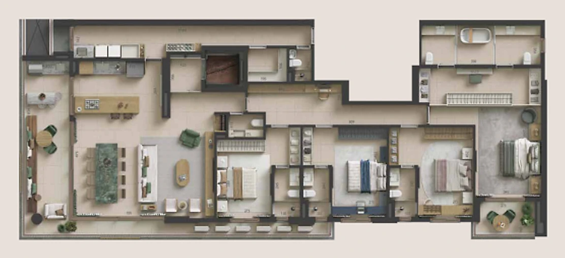Planta humanizada do apartamento-tipo de 252 m² com 4 suítes, hall privativo, living e jantar integrados, cozinha e varanda